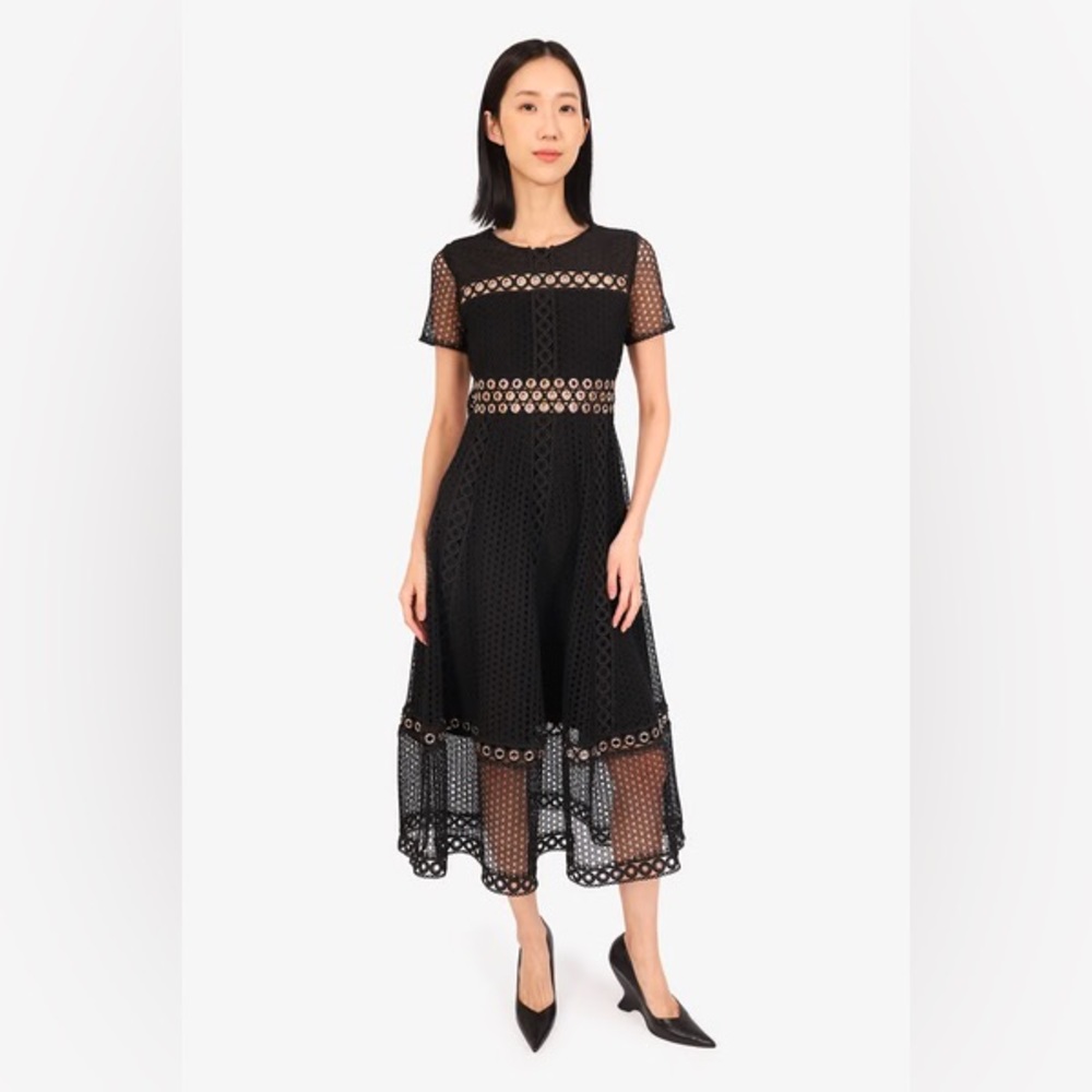 Maje Rome Black Lace Midi Dress Grommet Eyelet Rivet Sheer Panels Dentelle
